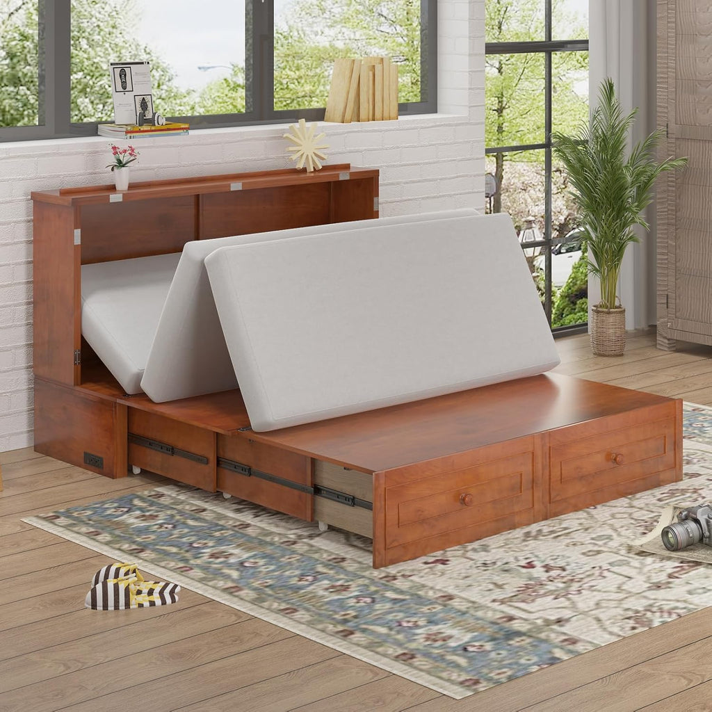 BALUS Murphy Bed, Queen Cabinet Bed, Modern Adults Guest Room Murphy Chest Cube Beds with Built-in Charging Station and Storage Drawers for Bedroom Apartment, No Mattress, Cherry