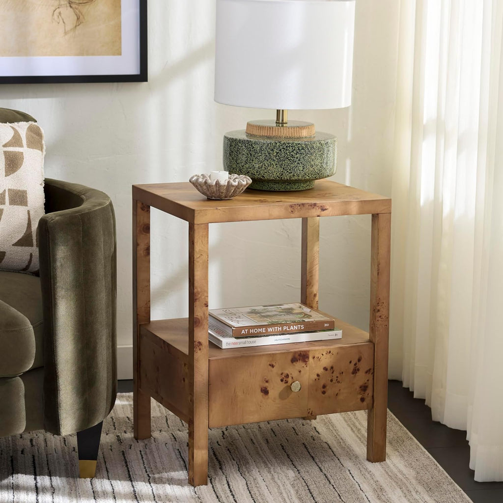 SAFAVIEH Home Collection - Willshine Natural Brown Accent Table, 1 Drawer Side Table, Open Shelf Storage, Burl Wood Look, Fully Assembled (ACC6613A)