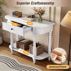 LKTART Solid Wood Corner-Curved Console Table,Farmhouse Space-Saving Entryway Sofa Table with Drawer & Open Shelf for Living Room,Hallway,Foyer(White 36")