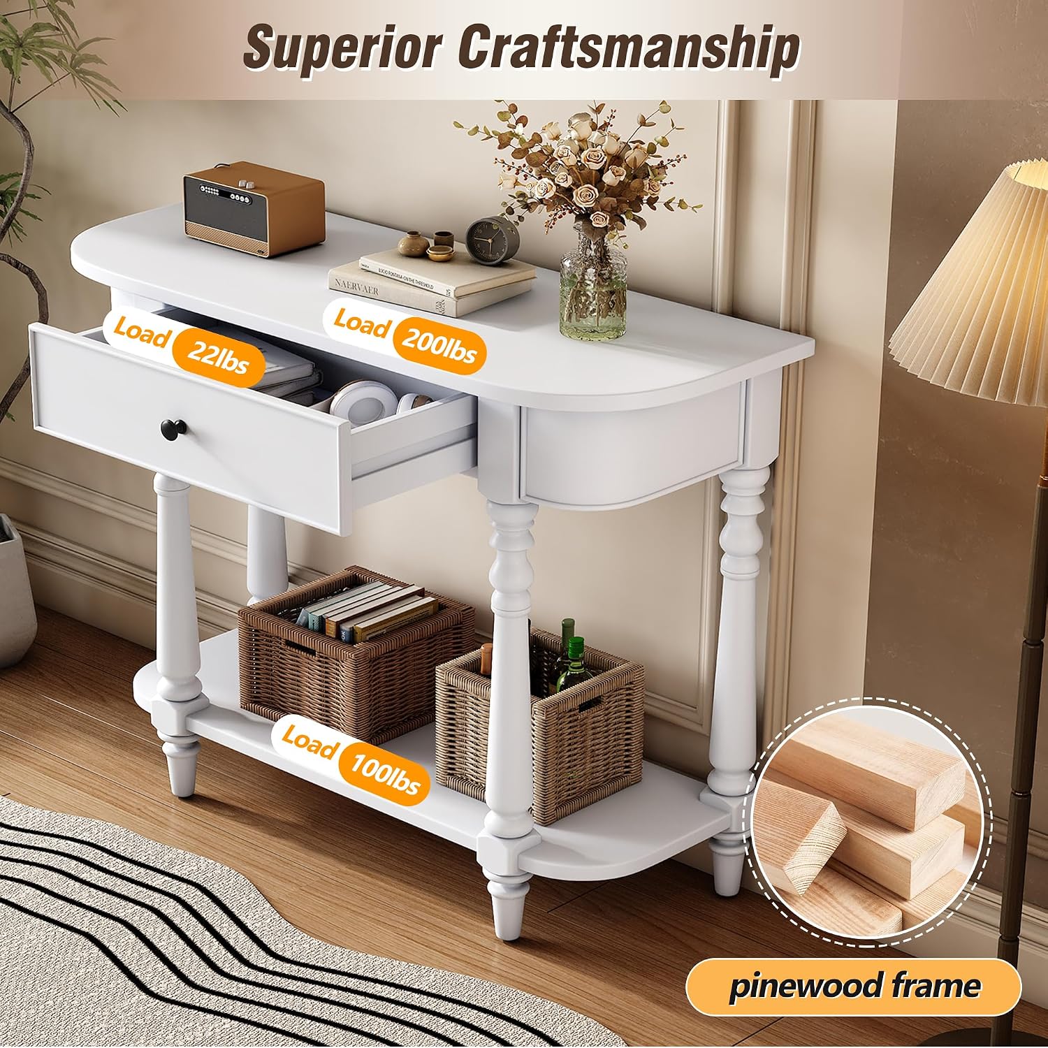LKTART Solid Wood Corner-Curved Console Table,Farmhouse Space-Saving Entryway Sofa Table with Drawer & Open Shelf for Living Room,Hallway,Foyer(White 36")