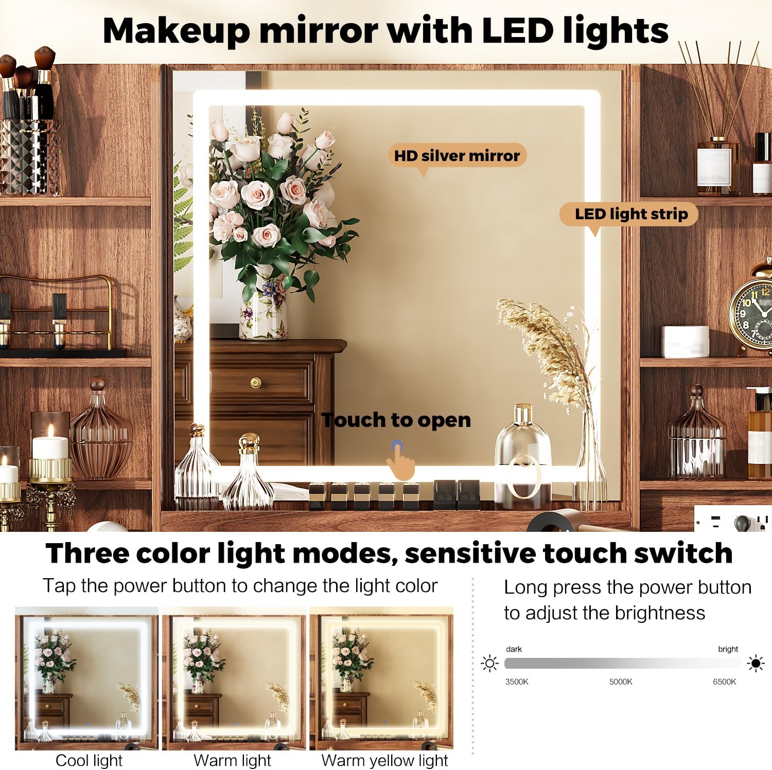 Arulvmrn 43” Wooden Makeup Vanity Set with Mirror and Lighted,Modern Vanity Desk with 9 Drawers,Storage Shelves, and Padded Seat, Dressing Table for Bedroom, Dorm, or Home Beauty Station,Brown