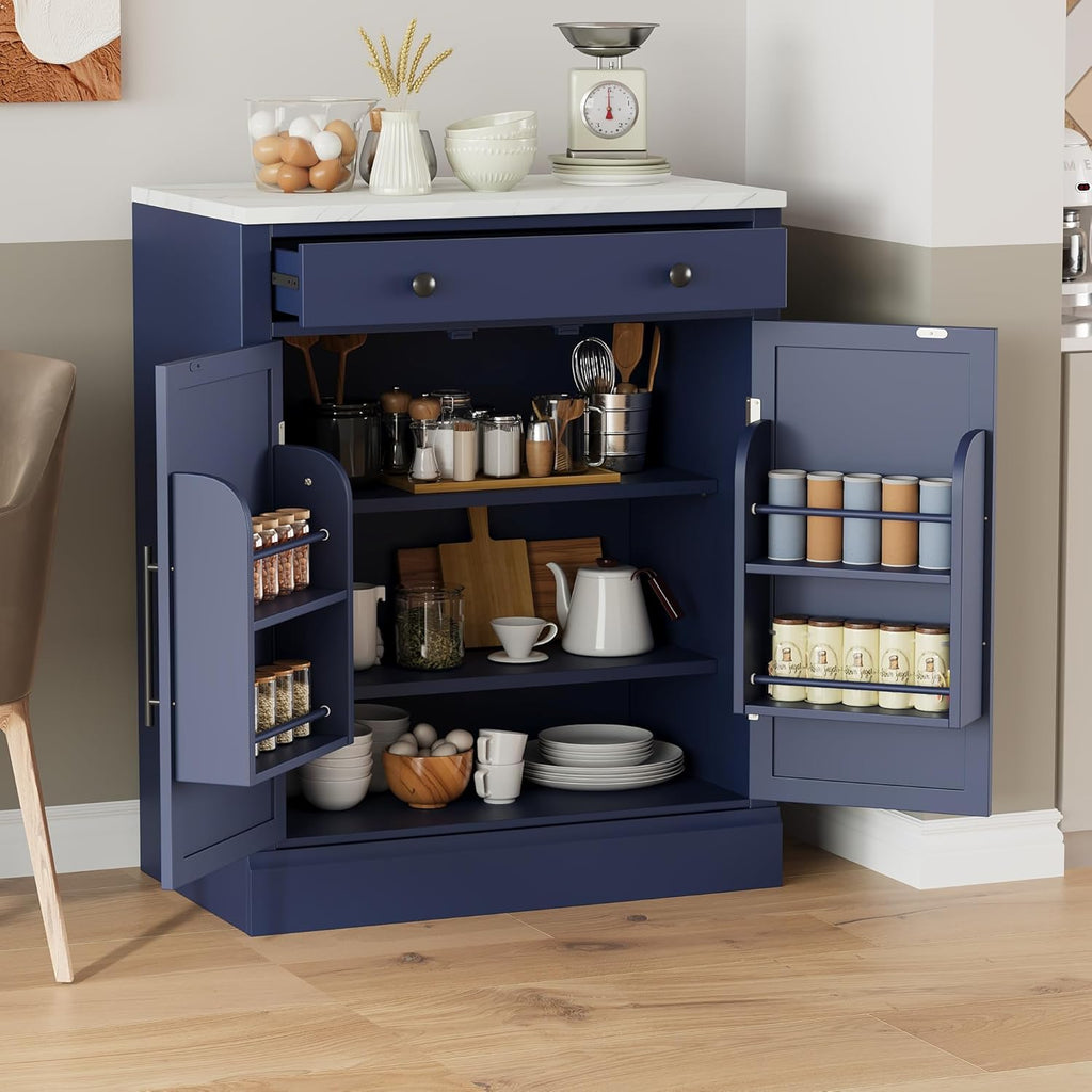 Merax Kitchen Pantry Storage Cabinet Freestanding Cupboard with Darwer, 2 Adjustable Shelves and 2 Door Shelves Coffee Bar Cabinet for Kitchen, Dining, Living Room, Blue x 2