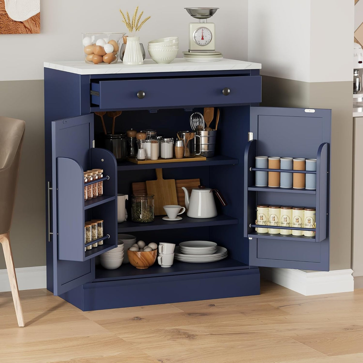 Merax Kitchen Pantry Storage Cabinet Freestanding Cupboard with Darwer, 2 Adjustable Shelves and 2 Door Shelves Coffee Bar Cabinet for Kitchen, Dining, Living Room, Blue x 2