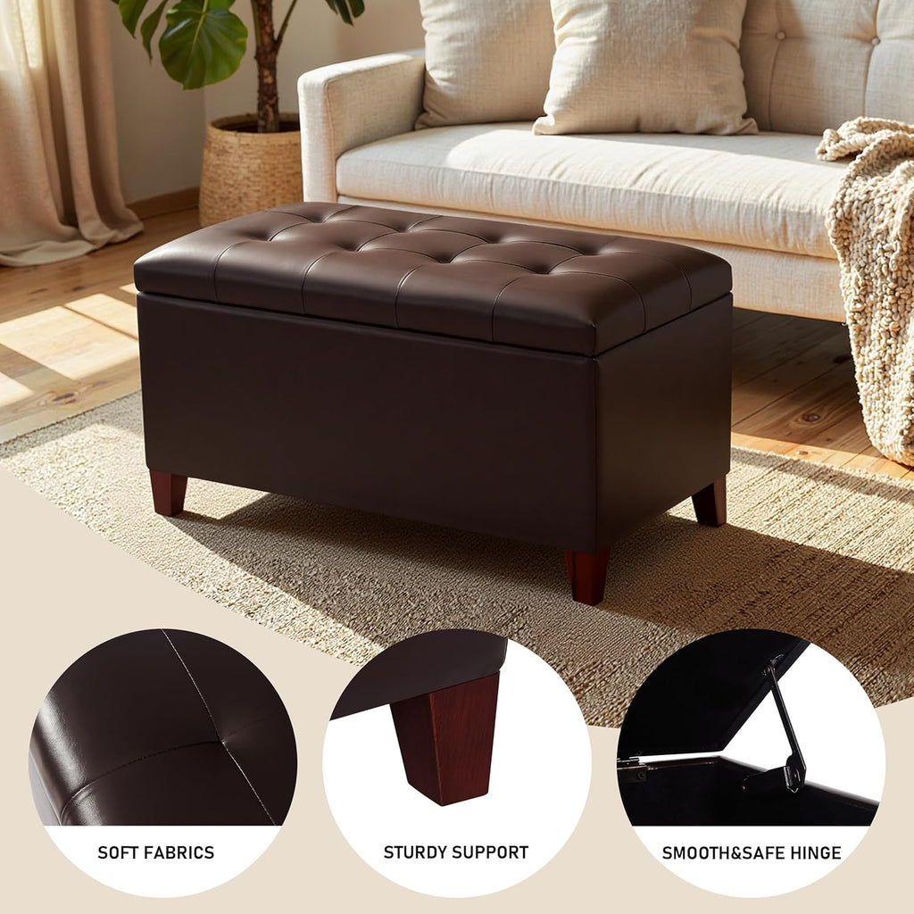 Joveco Storage Ottoman Bench, 33 Inches Faux Leather Rectangle Tufted Foot Stool for End Foot of Bed, Bedroom, Living Room, Brown