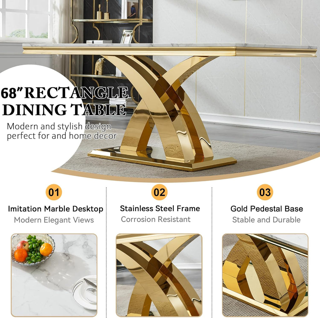 Modern Marble Dining Table for 6-8, 68" Faux Marble Kitchen Table with Gold X-Shape Stainless Steel Base,Luxury Rectangular White Marble Dining Room Table for Home Office Kitchen Dining Room