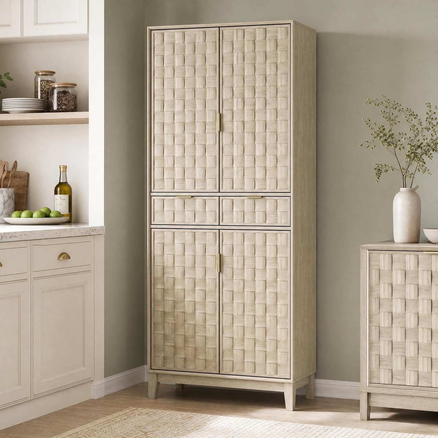 Pantry Cabinet, 71" Tall Pantry Cabinet,Modern Kitchen Cabinet with Doors, Drawers & Adjustable Shelves, Freestanding Food Pantry Cupboard with Side Rack for Kitchen Dining Room,Oak