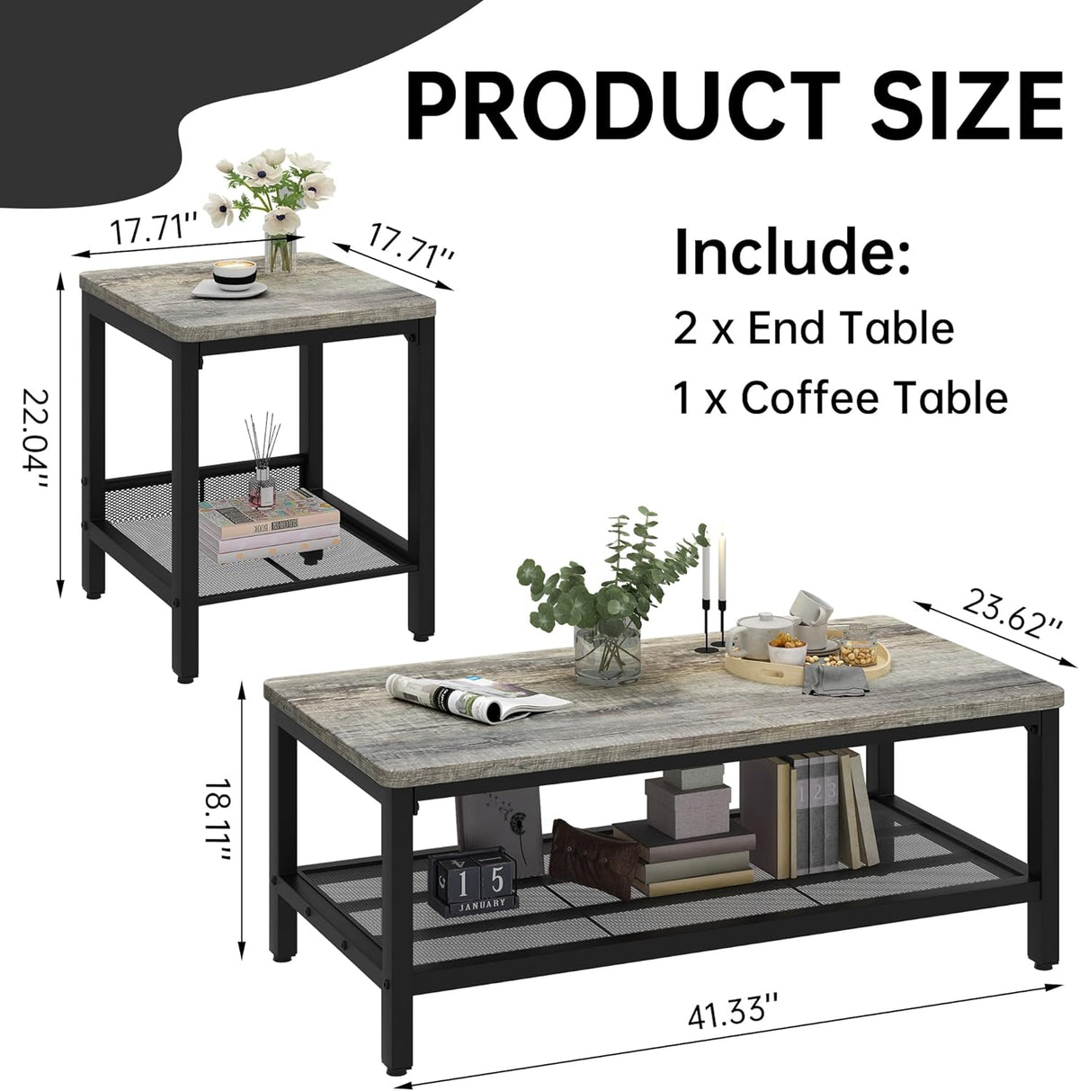 Lamerge Coffee Table Set of 3 Coffee Table and end Table Sets, Modern Metal Frame Living Room Center Table for Small Apartment Home Office（Gray）