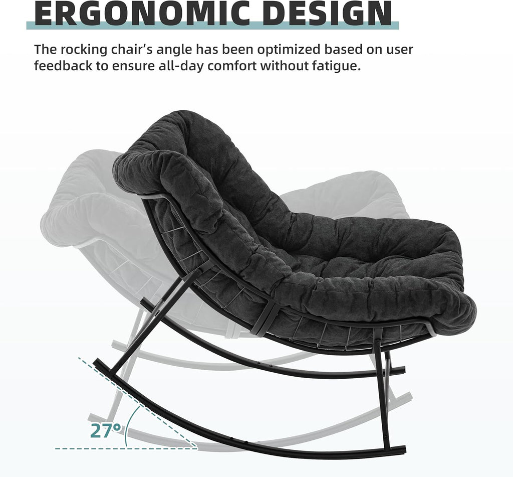 Oversized Rocking Chair Indoor, Papasan Rocking Chair Outdoor, Lounge Chair with Cushion, Patio Egg Rocker Chairs, Comfy Reading Chairs for Bedroom, Living Room, Garden, Lawn, Dark Grey