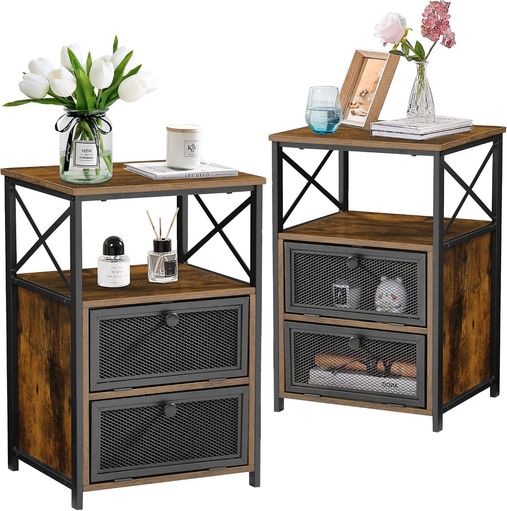 VECELO End Side Table, Modern Night Stand with Storage Space and Door, Set of 2 Nightstands for Living Room,Bedroom,Lounge,Antique Brown