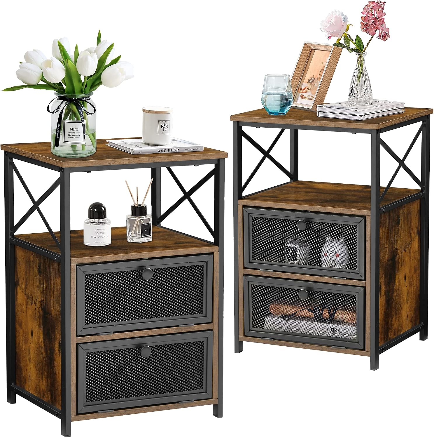 VECELO End Side Table, Modern Night Stand with Storage Space and Door, Set of 2 Nightstands for Living Room,Bedroom,Lounge,Antique Brown