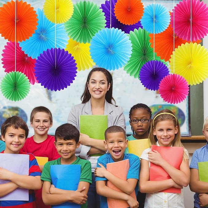MotiMind 24 Pcs Rainbow Paper Fans Rainbow Party Decorations Classroom Decor Wall Background Ceiling Hanging Decoration for Birthday Wedding Baby Bridal Shower Engagement Party Decor