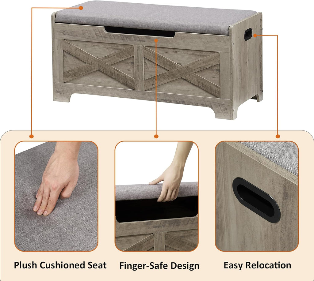 IDEALHOUSE 39.4" Storage Bench with 2 Safety Hinges, Grey | Retro Wooden Storage Chest, Loads 300 lb, Easy Assembly, Storage Ottoman Bench for Bedroom Entryway Living Room