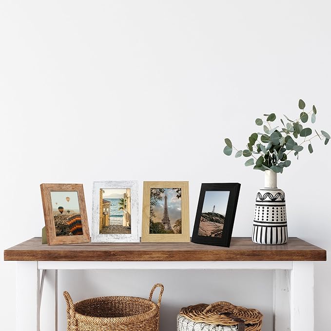 4x6 Picture Frame Set of 4, High Definition Real Glass 4 x 6 Photo Frames for Tabletop Display and Wall Mounting (Distressed White+Oak+Rustic Brown+Black)