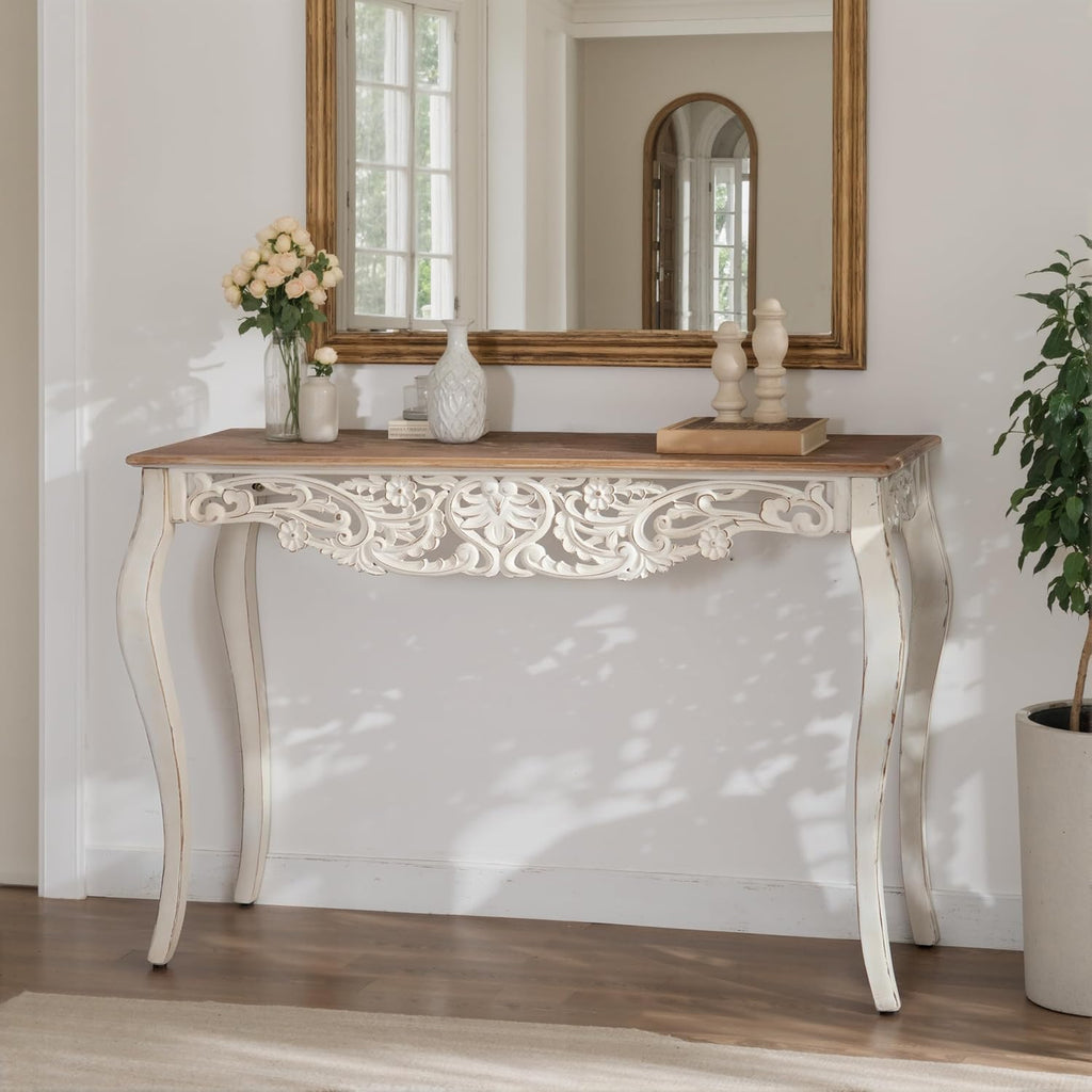 Console Table for Entryway with Carved Details, 43.31" Long Sofa Table Behind Couch, Vintage French Country Entry Table with Wood Carvings and Curved Legs for Hallway, Living Room - Antique White