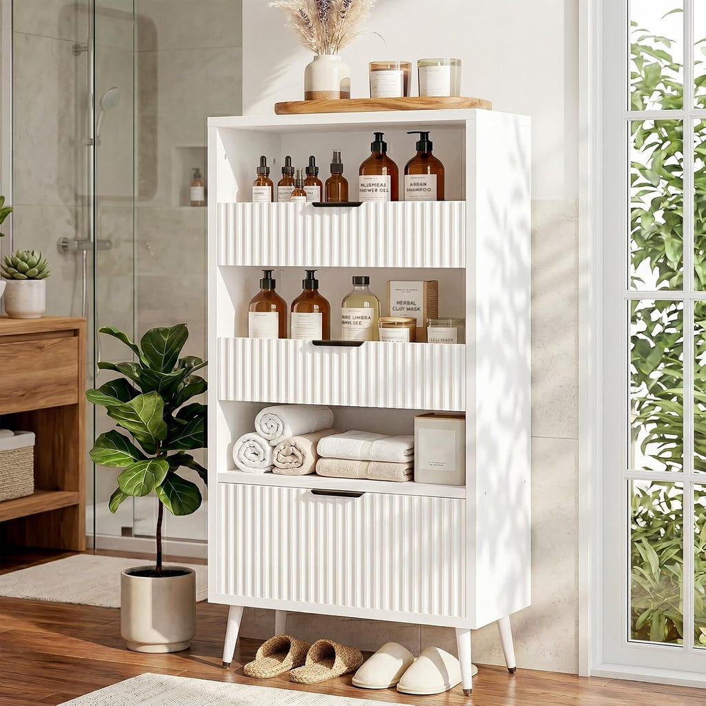 Bathroom Storage Cabinet, 51.2" H 5-Tier Freestanding Pantry Cabinet with 3 Extra-Large Drawers & Open Shelf, Fluted Floor Organizer Cupboard for Kitchen, Living Room, Anti-Tip, White