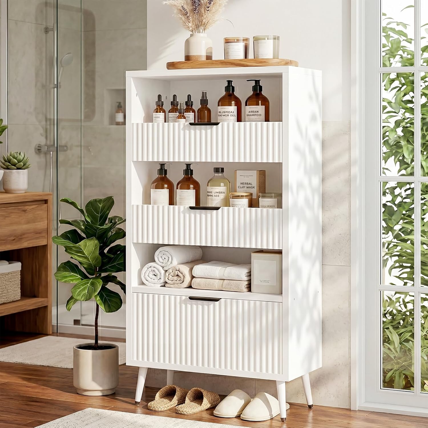 Bathroom Storage Cabinet, 51.2" H 5-Tier Freestanding Pantry Cabinet with 3 Extra-Large Drawers & Open Shelf, Fluted Floor Organizer Cupboard for Kitchen, Living Room, Anti-Tip, White