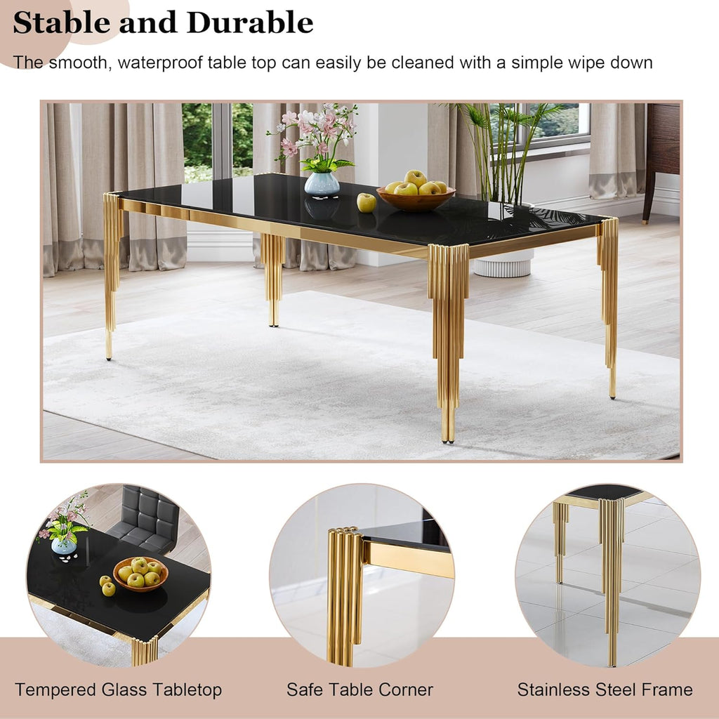 80" Large Glass Dining Table, Modern Rectangle Kitchen Table with Gold Stainless Steel Tubular Legs and Tempered Glass Top for Dining Room, Kithchen(Black)