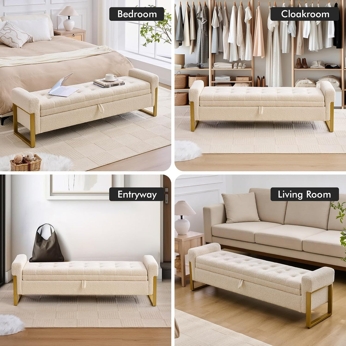67" End of Bed Storage Bench King Size, Bench for Bedroom Foot of Bed, Upholstered Teddy Storage Ottoman with Gold Legs for Window Living Room, Teddy Beige