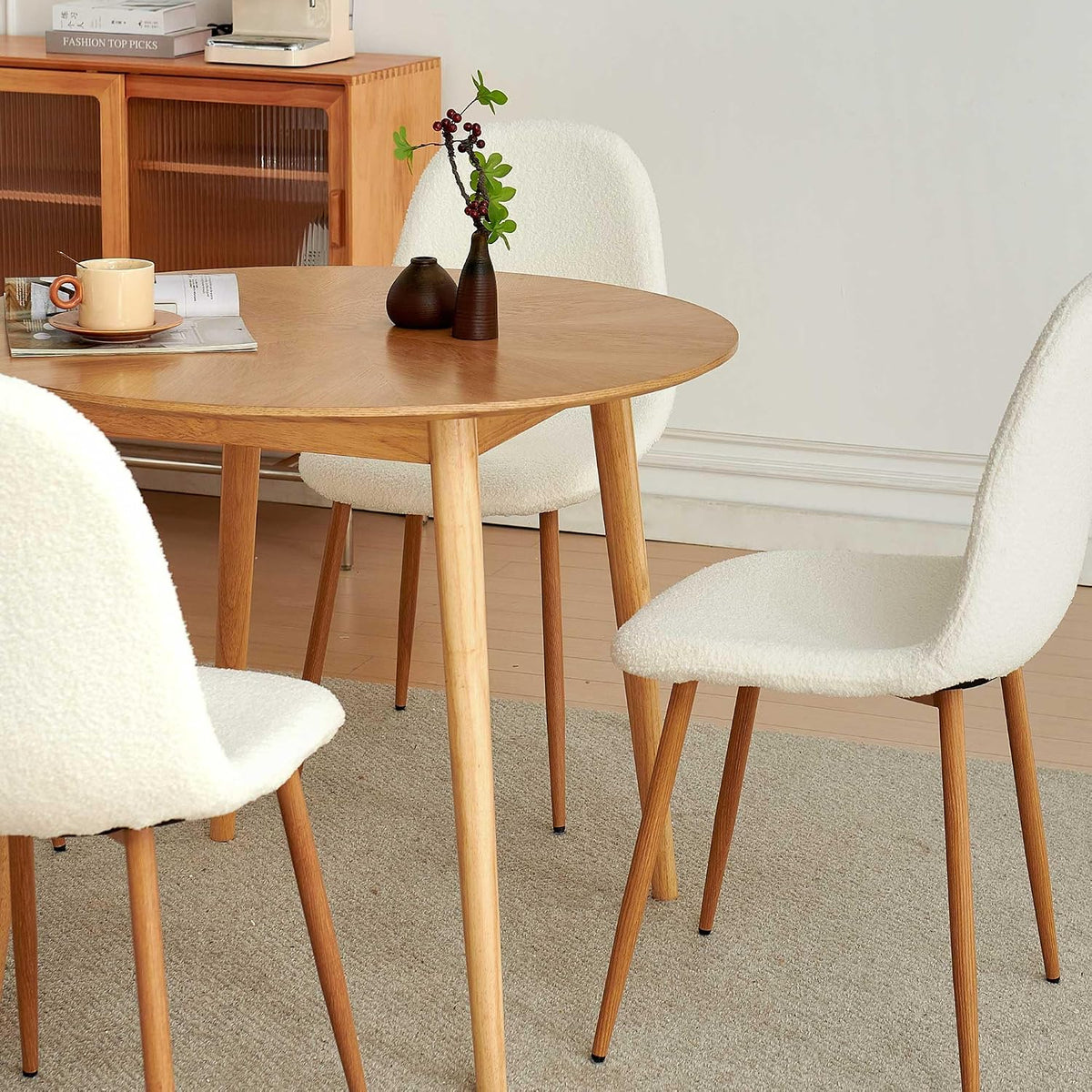 Dining Chairs Set of 4, Modern Upholstered Fabric Armless Side Dining Room Chairs for Small Kitchen, Living Room, Bedroom, White Teddy Fleece