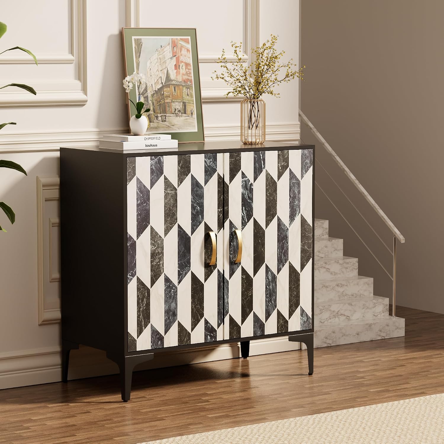 Anbuy Faux Marble Doors Sideboard Buffet Cabinbet with Storage Dining Room Buffet Cupboard Console Table Hallway, Liquor/Accent Cabinet/Geometric Cabinet, 30.7 X 15.75X 31.5 Inches(Black)