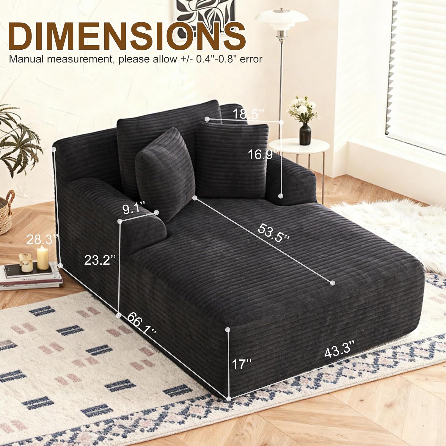 Avenix 66" Oversized Chaise Lounge Chair Indoor, Cloud Corduroy Reading Chair Deep Seat Sofa Couch Bed with 3 Pillows for Living Room, No Assembly Required, Black
