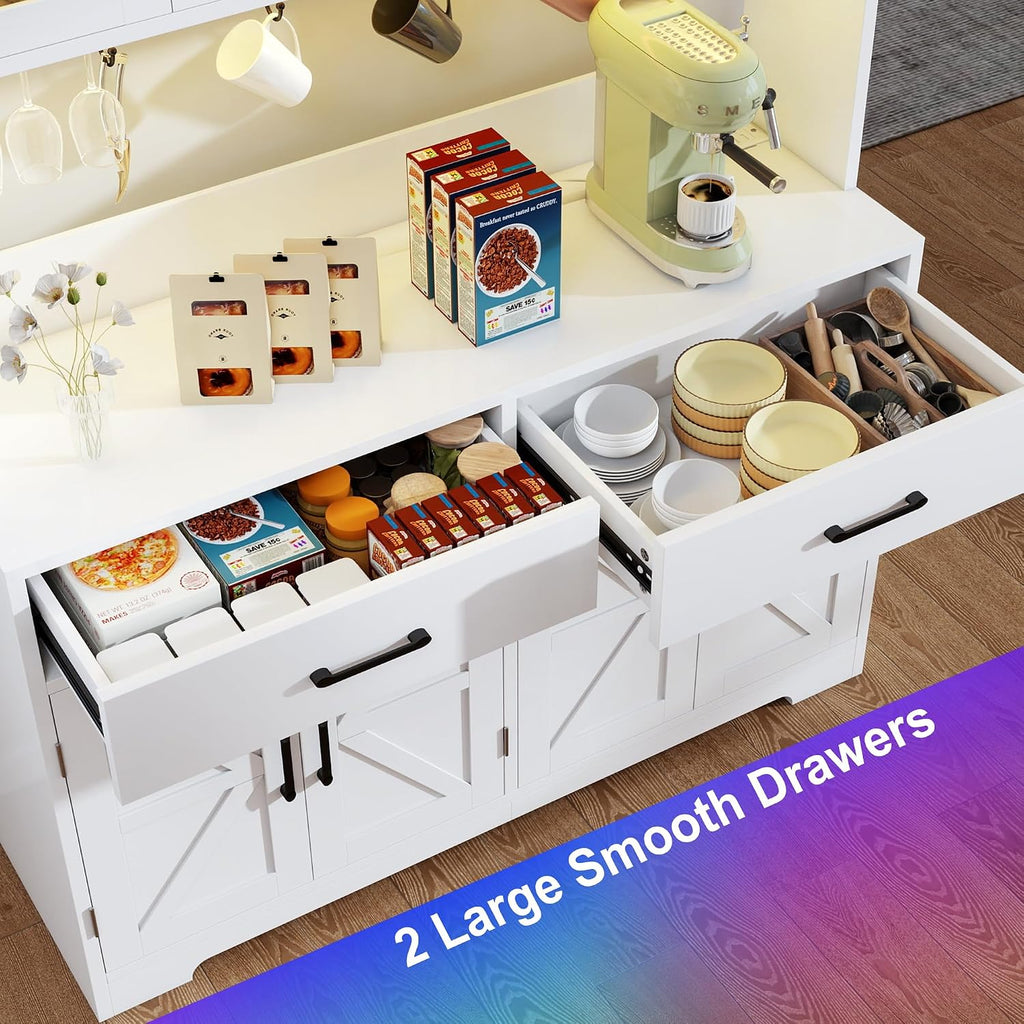 MUUEGM 71''Tall Kitchen Hutch with LED Lights & Power Outlet, Wood Food Kitchen Pantry Cabinet with Adjustable Shelves & 4 Cabinets & Microwave Stand & 2 Drawers for Dining Room,Living Room, White