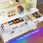 MUUEGM 71''Tall Kitchen Hutch with LED Lights & Power Outlet, Wood Food Kitchen Pantry Cabinet with Adjustable Shelves & 4 Cabinets & Microwave Stand & 2 Drawers for Dining Room,Living Room, White