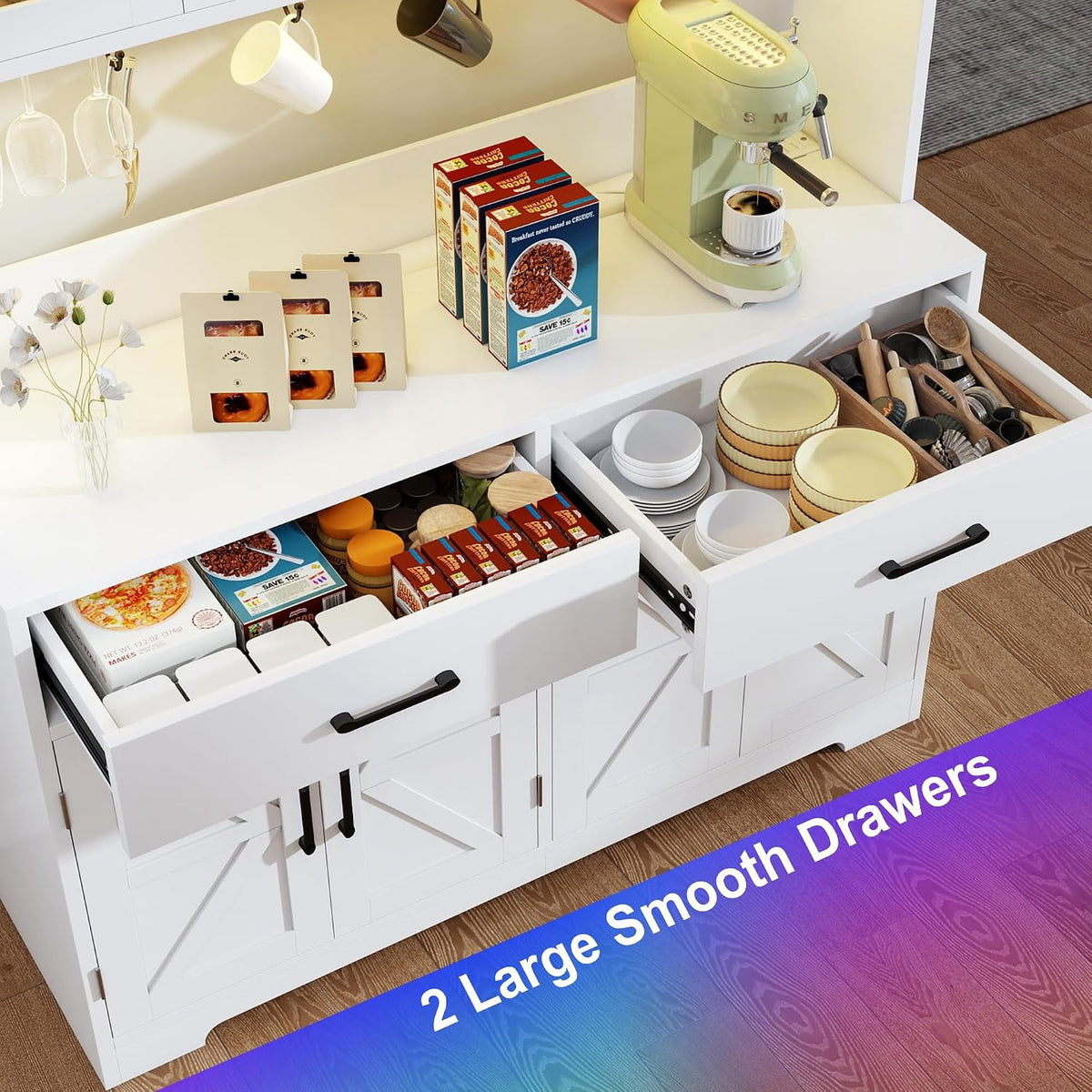 MUUEGM 71''Tall Kitchen Hutch with LED Lights & Power Outlet, Wood Food Kitchen Pantry Cabinet with Adjustable Shelves & 4 Cabinets & Microwave Stand & 2 Drawers for Dining Room,Living Room, White