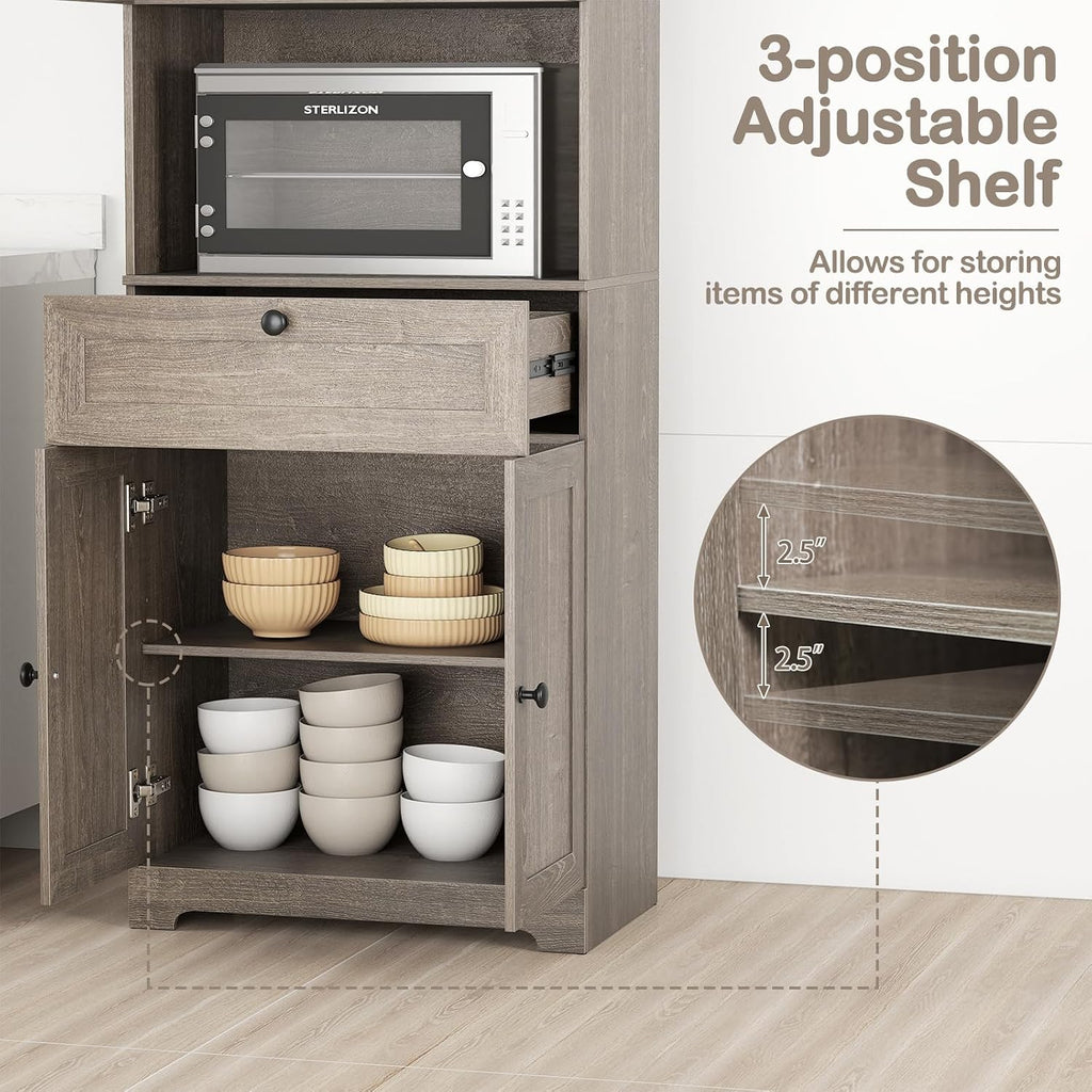 GOFLAME 67.5" Tall Pantry Cabinet, Freestanding Kitchen Pantry Cupboard with 4 Doors, 1 Drawer, & Open Compartment, Floor Storage Cabinet with Adjustable Shelf for Bathroom, Living Room (Gray Oak)