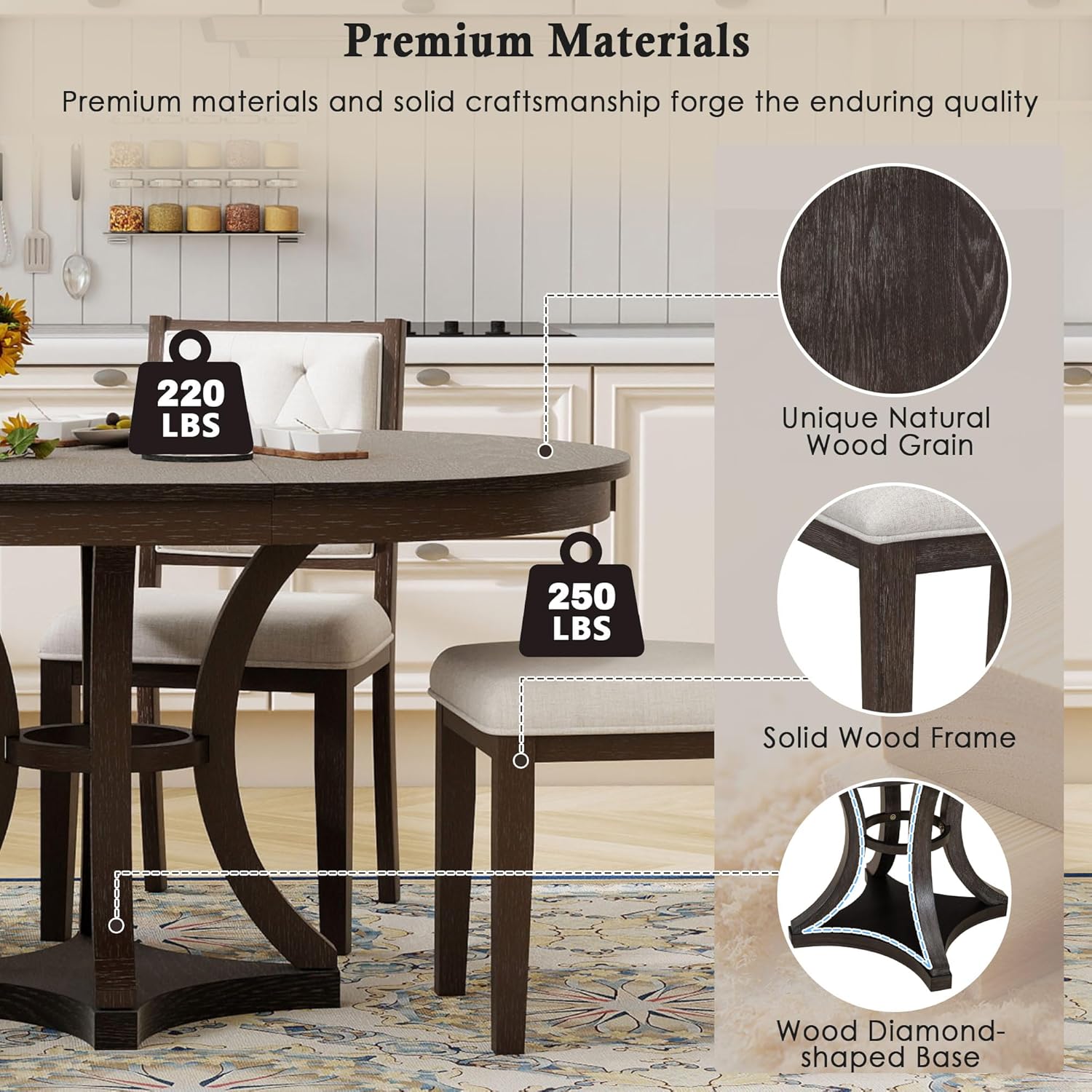 Bellemave Extendable Dining Table Set for 4, 5-Piece Retro Round Table Set with 4 Upholstered Chairs, Round Table with a 16" W Leaf, Oval Kitchen Table Set with Extendable Table (Espresso)
