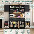 71" Tall 47" Wide Large Pantry Storage Cabinet w/ Power Outlet,LED Light,Farmhouse Kitchen Hutch Food Pantry Cabinet,2 Drawer,8 Doors Shelves,Open Countertop for Kitchens,Dining Room,Black
