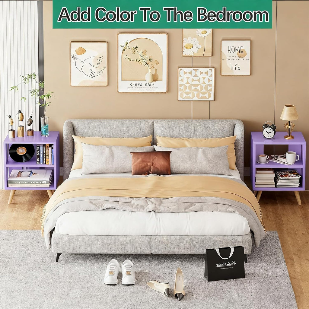 Aenuert Night Stand, Purple Nightstand, Modern End Table with Open Storage, 2-Tier Wooden Bedside Table for Small Space, Living Room, Bedroom