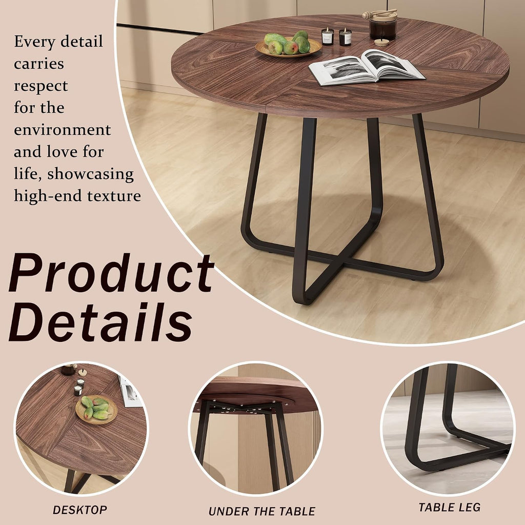 43.31'' Round Dining Table, Wood Kitchen Table with Metal X-Shaped Base, Kitchen Dining Room Circle Dinner Pedestal Table, Space Saving Industrial Circle Coffee Table for Home Living Room Furniture