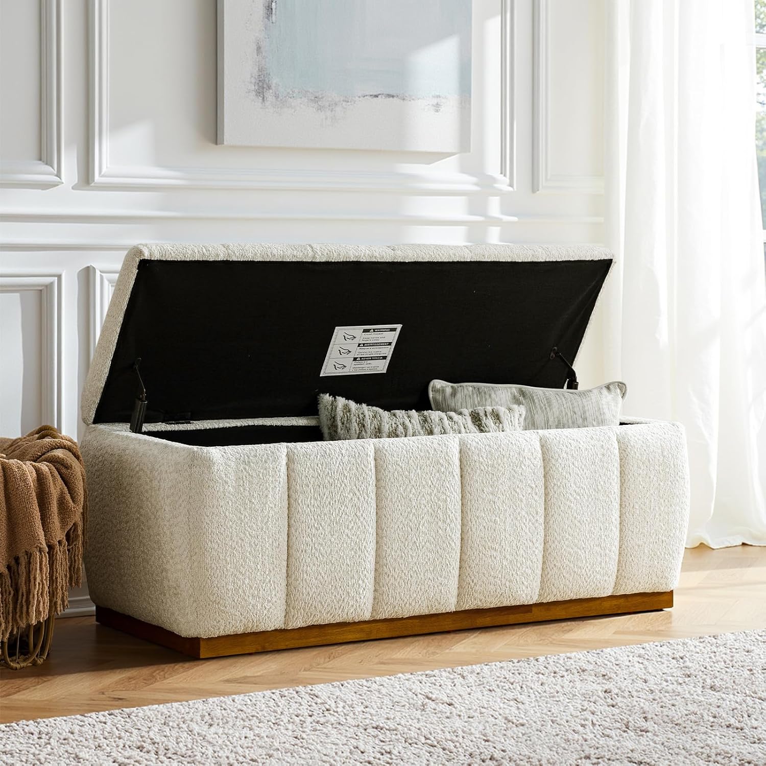HULALA HOME Storage Bench with Solid Wood Base, Chenille End of Bed Bench for Bedroom, Living Room, Entryway, No Assembly, Beige