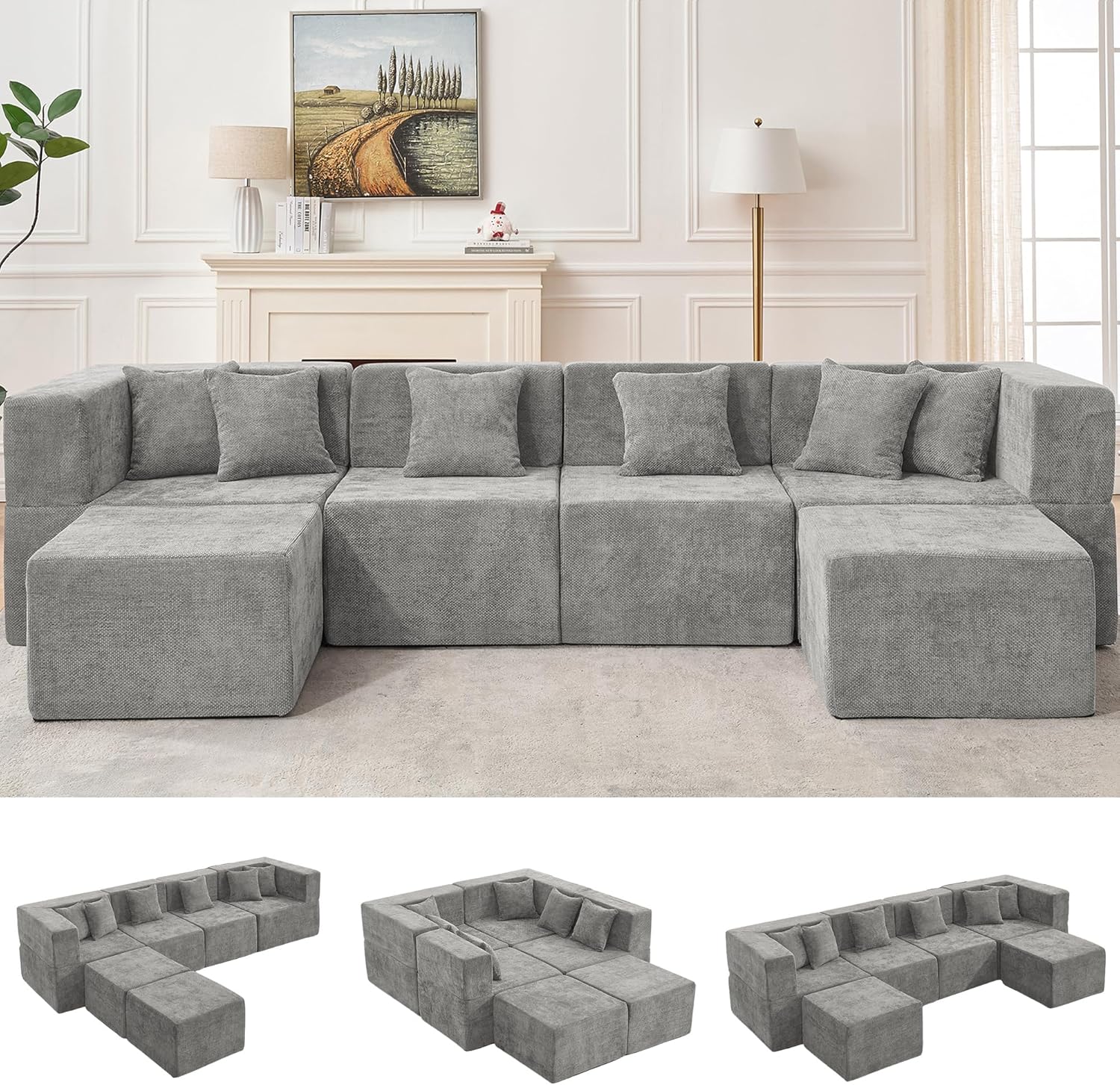 MONVANE Modular Sectional Cloud Couch for Living Room - 130'' 6 Seater Convertible Chenille Couches Set with Ottoman, No Assembly Compression Sofas, Comfy Floor Sofa with Memory Foam, Light Grey