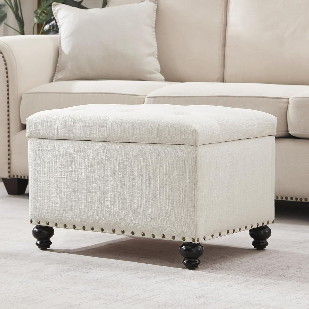 Zihanhome Small Storage Ottoman, Tufted Ottoman Foot Rest, Foot Stools, 24" Upholstered Rectangle Bench with Solid Wood Legs for Living Room, Bedroom, Dorms and Apartments (White)
