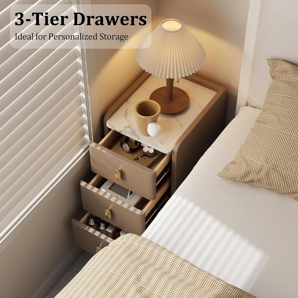 AQIMUELE Narrow Nightstand with Drawers, Narrow Side Table Leather, Small Bedside Tables for Bedroom. (Beige)