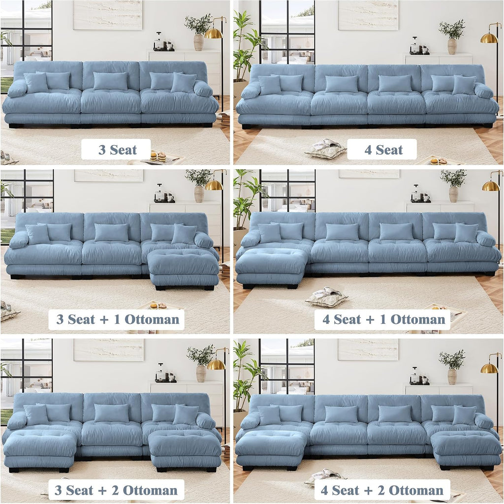 Oversized Modular Velvet Sectional Cloud Sofa Couch with Movable Ottoman,Corner Sofa with Comfortable Armrests, Deep Seat, Convertible L or U Shaped Couch (Sky-Light Blue, 3 Seat + 1 Ottoman)