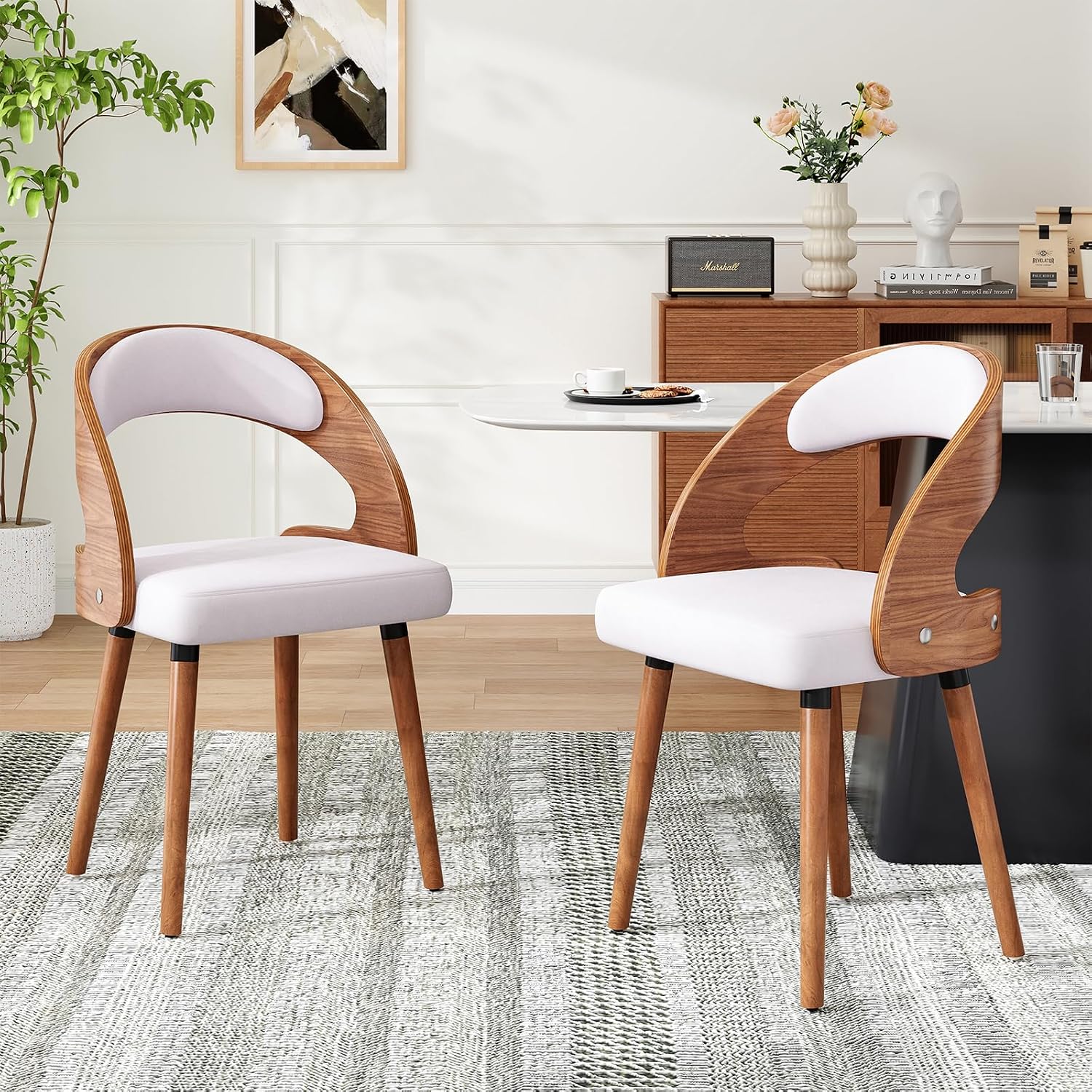 Farini Wood Dining Chairs, Set of 4 Modern Upholstered Dining Chairs with Curved Backrest for Kitchen, Dining Room, Living Room, Light Grey