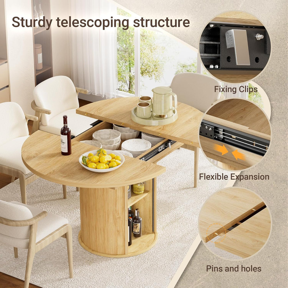 40-55in Extendable Round Table for 4-6, Multi-Use Oval Dining Table with Hidden Storage, Expandable Kitchen Table with Fluted Sliding Door Cabinet for Dining Room,Apartment or Meeting Room