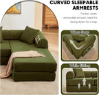 L Shaped Modular Sofa Bed with Cylindrical Pillow & Reversible Chaise, Corduroy Folding Floor Convertible Sofa Couch Bed with Fixed-Shape Frame & Storage Pocket for Living Room, Green