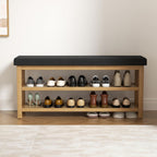 2 Tier Shoe Rack Bench with Cushion, Rubberwood Shoe Benches, Mid-Century Modern Shoe Storage Bench for Entryway, Hallway, Living Room, Closet, Front Door Entrance, Black