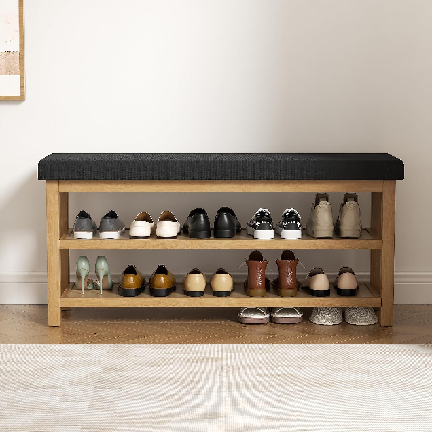 2 Tier Shoe Rack Bench with Cushion, Rubberwood Shoe Benches, Mid-Century Modern Shoe Storage Bench for Entryway, Hallway, Living Room, Closet, Front Door Entrance, Black