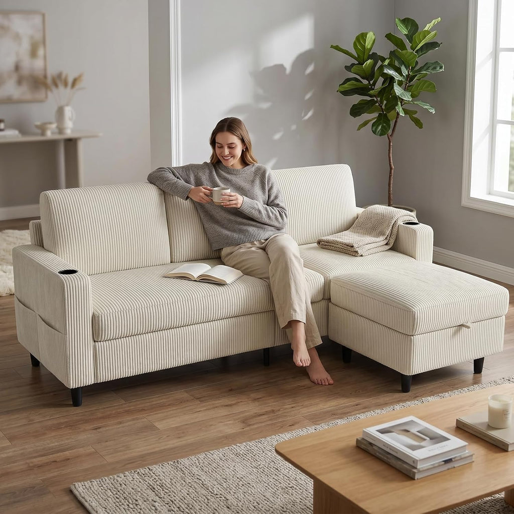 Convertible Sectional Couches for Living Room, 3 Seats L Shaped Sofa with Storage Ottoman & 2 Cup Holders, Modern Corduroy Couch Small Sofas for Small Space, Apartment, Office, Beige