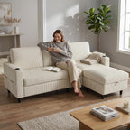 Convertible Sectional Couches for Living Room, 3 Seats L Shaped Sofa with Storage Ottoman & 2 Cup Holders, Modern Corduroy Couch Small Sofas for Small Space, Apartment, Office, Beige