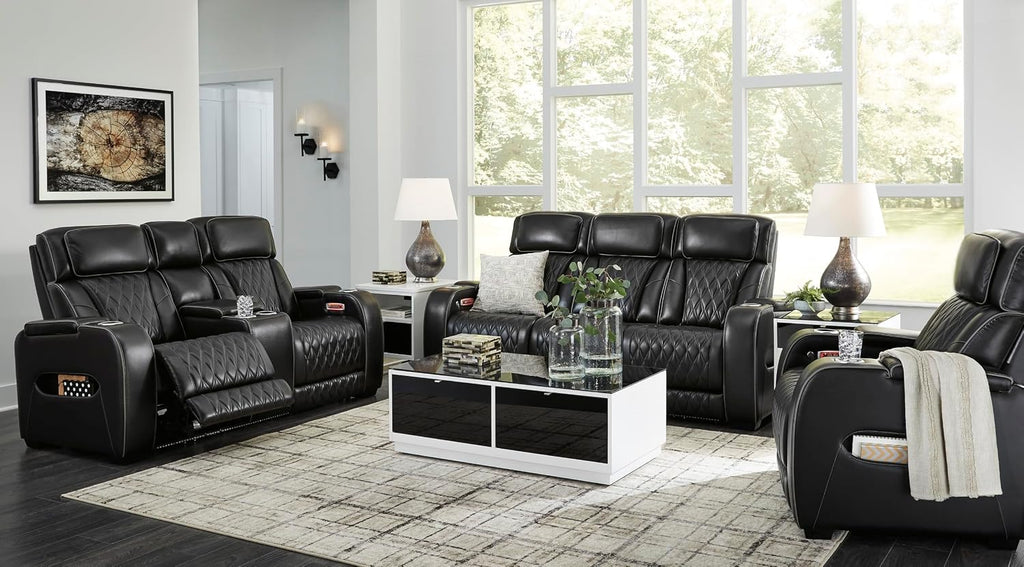 Signature Design by Ashley Boyington Power Reclining Loveseat with Console | A combination of leather and faux leather, Zero-gravity power recline, Air massage system and heat, USB storage console
