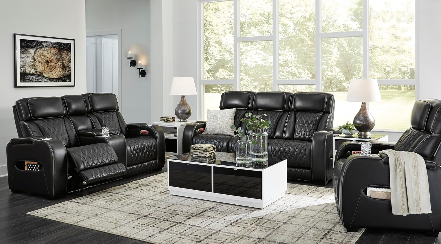 Signature Design by Ashley Boyington Power Reclining Loveseat with Console | A combination of leather and faux leather, Zero-gravity power recline, Air massage system and heat, USB storage console
