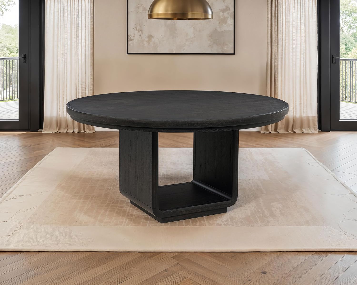 Coaster Home Furnishings - Leandro - Wood - Round Dining Table with Pedestal Base, Ash Veneer and Curved Edges - Dining Room & Kitchen - 60-Inch - Burnished Black - 115390