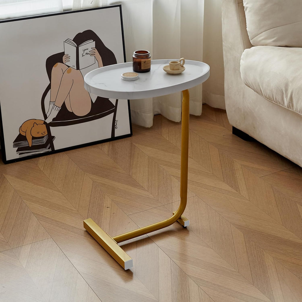 C-Shaped End Table, Small Side Table for Couch, Sofa Table with Metal Frame TV Tray Table for Living Room, Bedroom, Bedside, White, 2-Pieces
