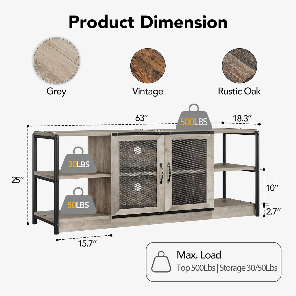 Amyove TV Stand for 65+ Inch TV, Industrial Entertainment Center TV Media Console Table, Farmhouse TV Stand with Storage, Mesh Door and Shelves, Gray TV Console Cabinet Furniture for Living Room